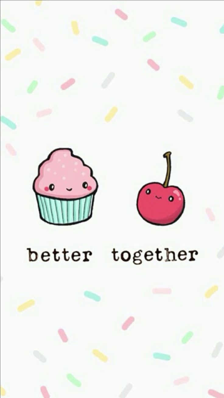 一個微笑的杯子蛋糕和櫻桃，在撒有糖粒的背景上寫著 better together。