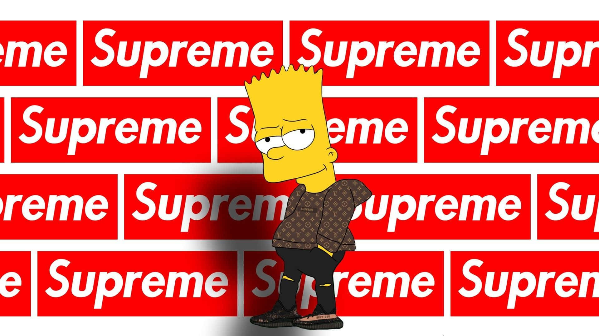 穿著圖案外套的巴特·辛普森站在紅色Supreme標誌牆前。