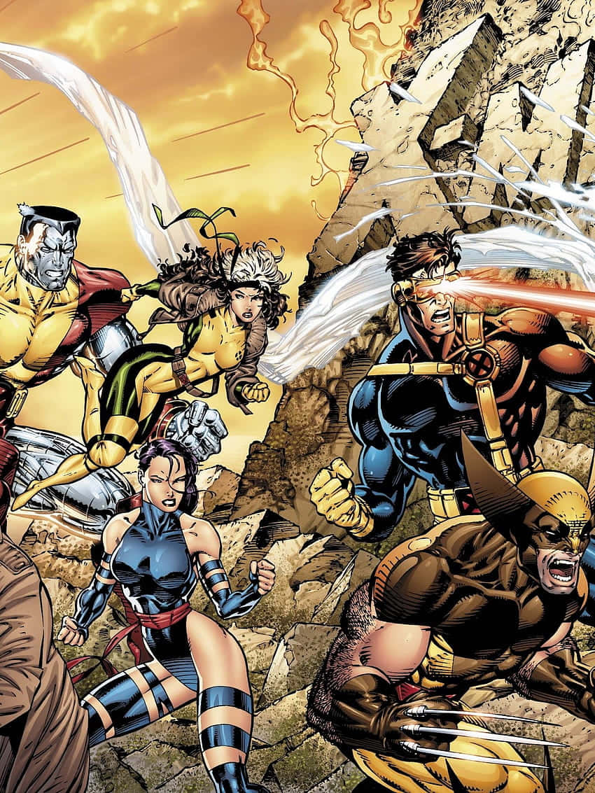 X-Men 超級英雄在破碎的石頭中戰鬥，能量爆炸飛舞。