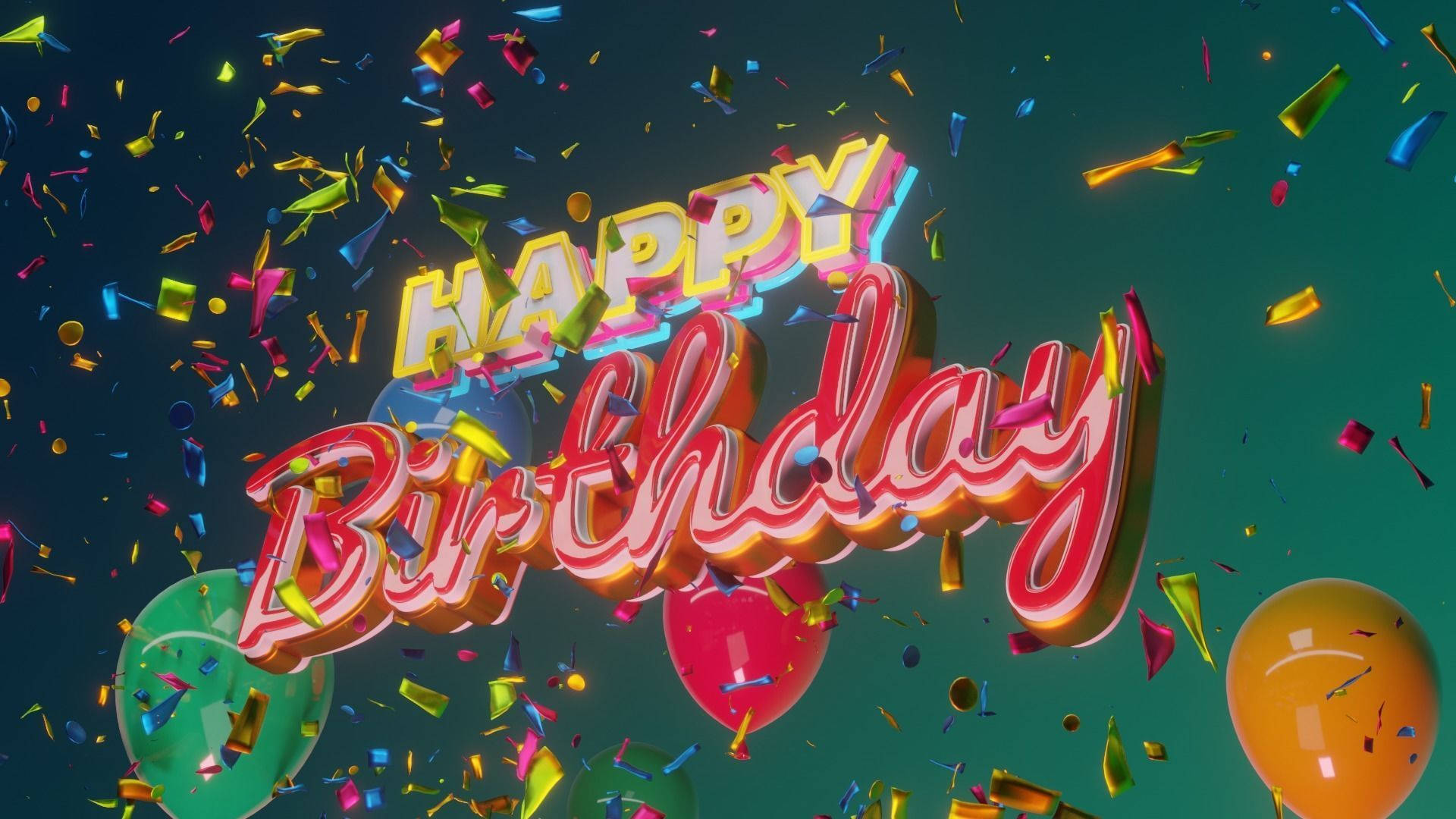 今天是我的生日3D派對 壁紙 — 充滿活力的3D渲染「Happy Birthday」文字，搭配色彩繽紛的紙屑和氣球，漂浮在青綠色背景上。