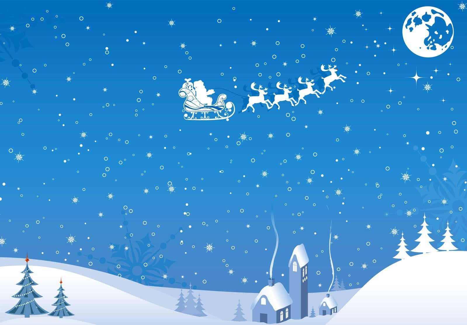 聖誕老人乘坐雪橇與馴鹿在星空藍天下飛越積雪村莊。
