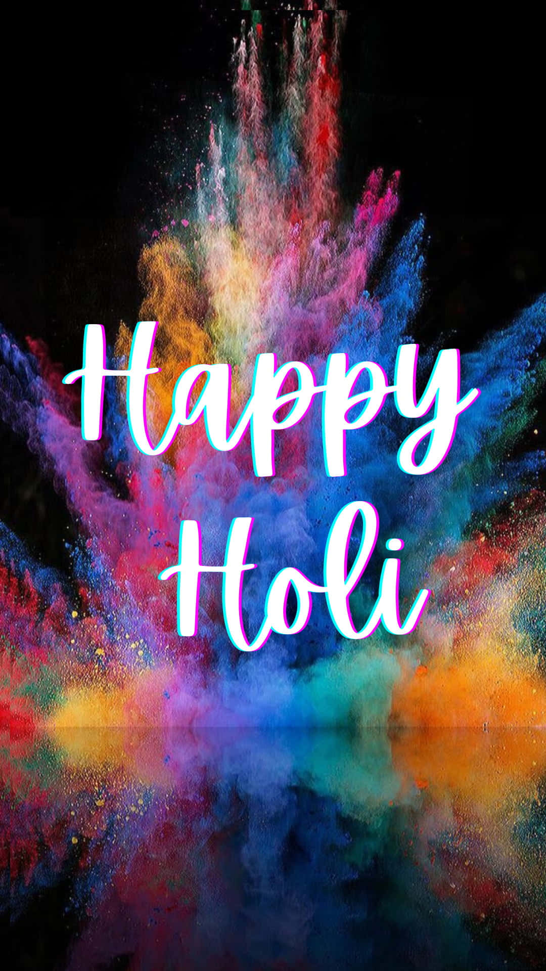 彩色粉末爆炸，帶有霓虹發光的「Happy Holi」文字。