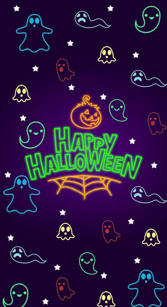 深紫色背景上漂浮著鬼魂和星星的Happy Halloween霓虹燈標誌。