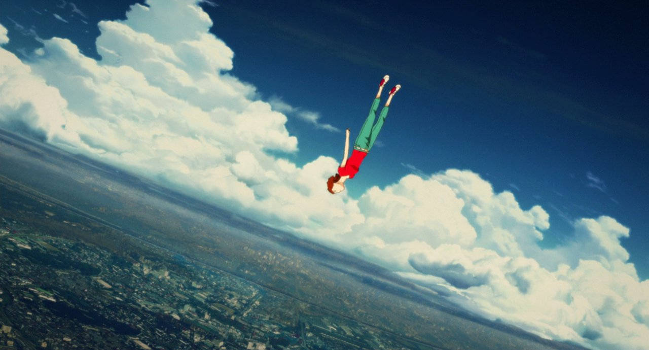 一個人頭朝下穿過雲層墜落在城市上空