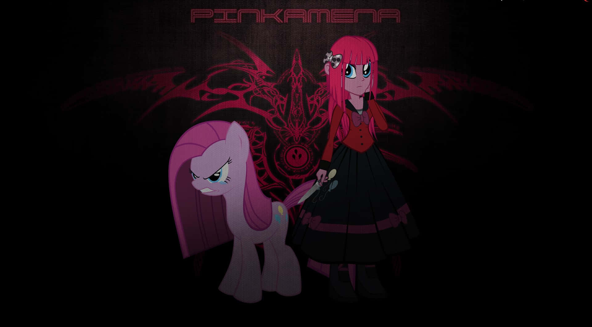Pinkamena 和小馬穿著哥德式服裝，身後有紅色惡魔符號。