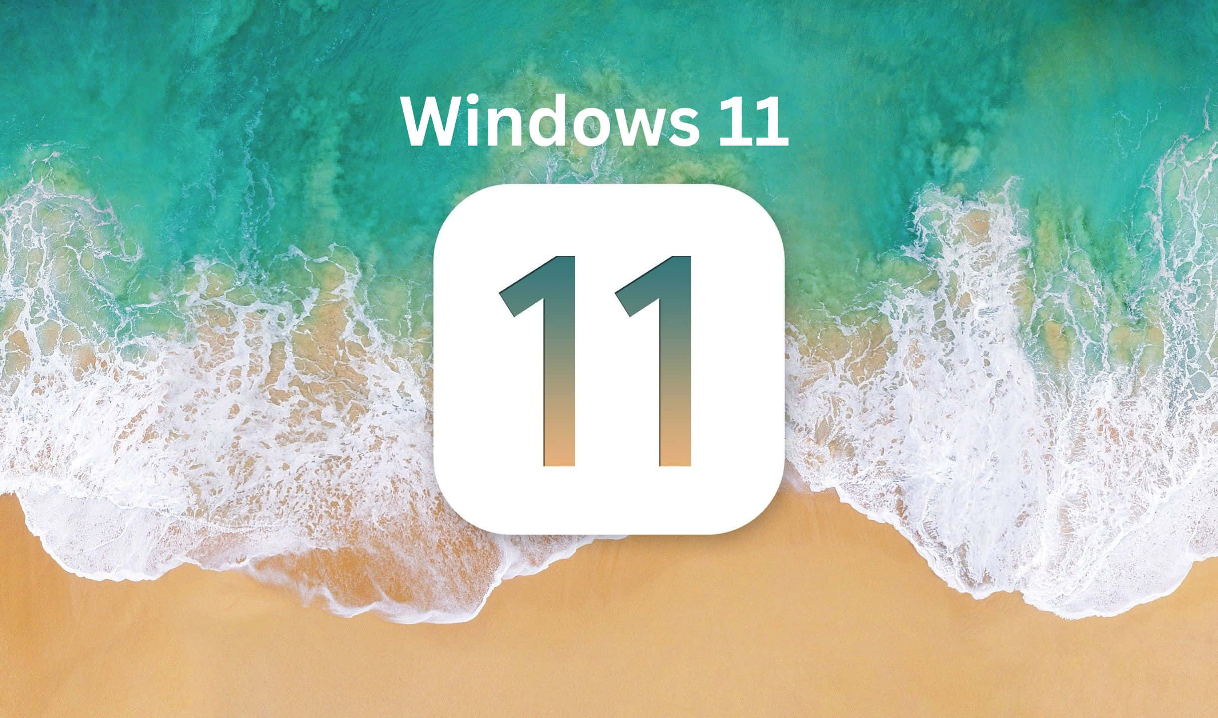 Windows 11 標誌居中於藍綠色海浪和金色沙灘的海灘場景上方。