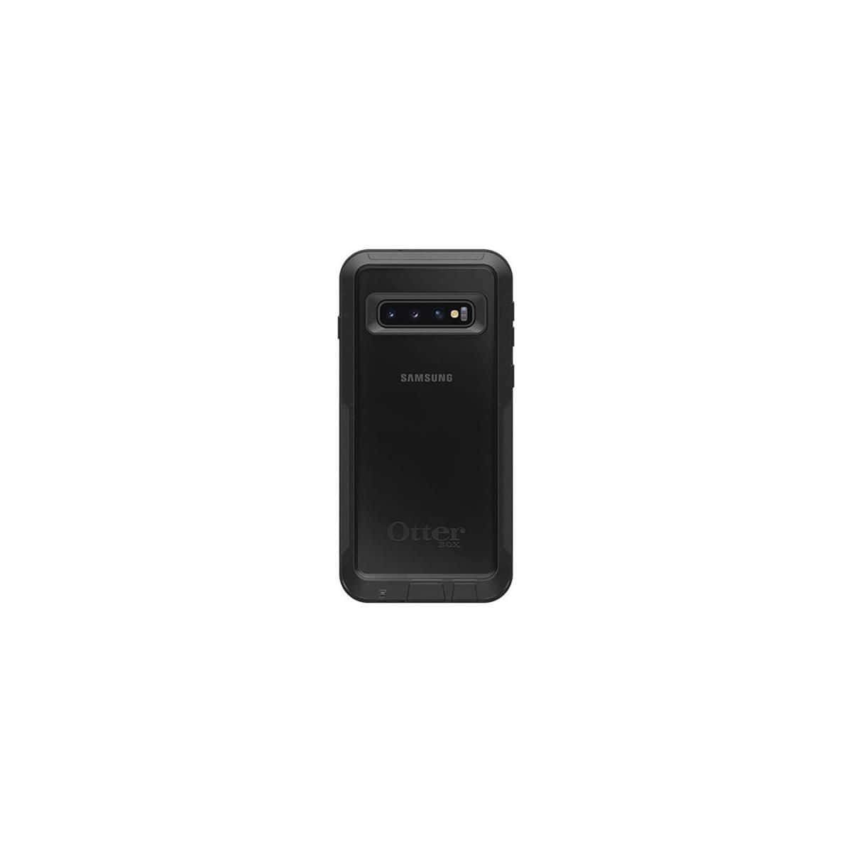 黑色OtterBox保護殼，用於Samsung Galaxy S10e手機，白色背景。
