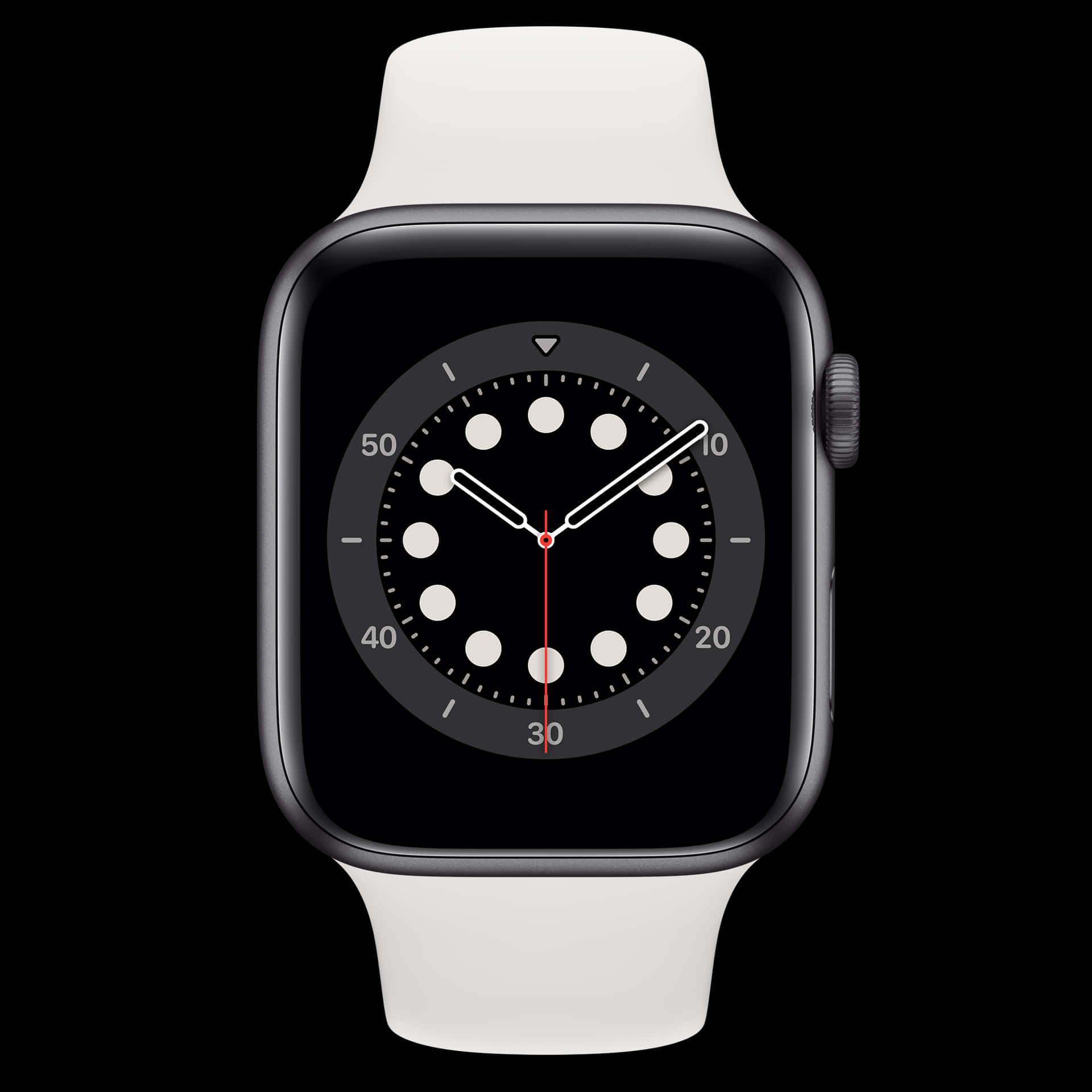 銀色Apple Watch配白色錶帶及極簡錶面，黑色背景
