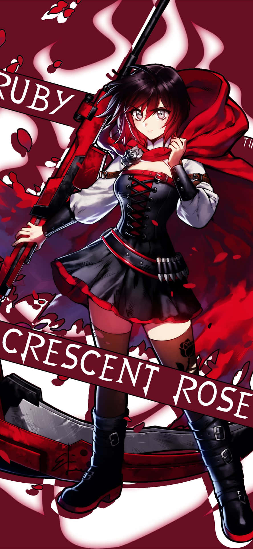 穿著紅色斗篷的動漫女孩手持步槍，帶有「Ruby Crescent Rose」文字。