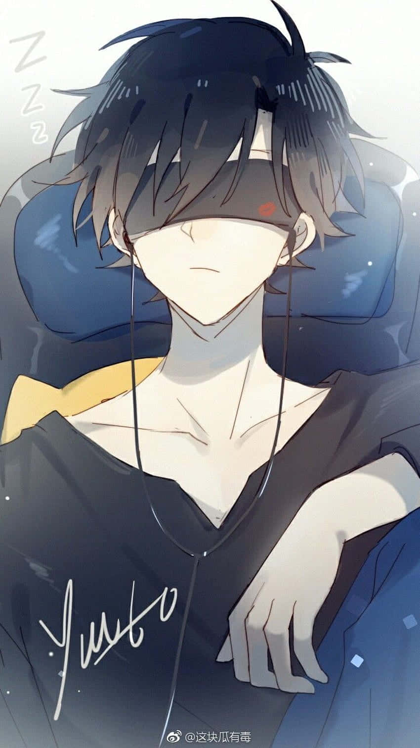 戴著耳機和眼罩睡覺的動漫男孩。