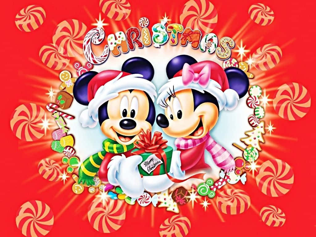 他是不是最可愛的？ 壁紙 — 米奇和米妮老鼠戴著節日聖誕帽，在明亮的紅色背景上拿著被糖果杖和糖果包圍的禮物。