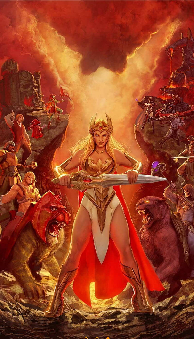 一位身穿金色盔甲和紅色披風的奇幻女王，在熾熱的戰鬥場景中揮舞著劍。