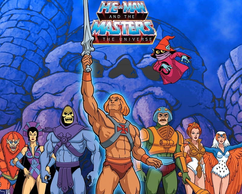 He-Man 與宇宙大師角色們擺出英勇姿勢，背景有骷髏王。