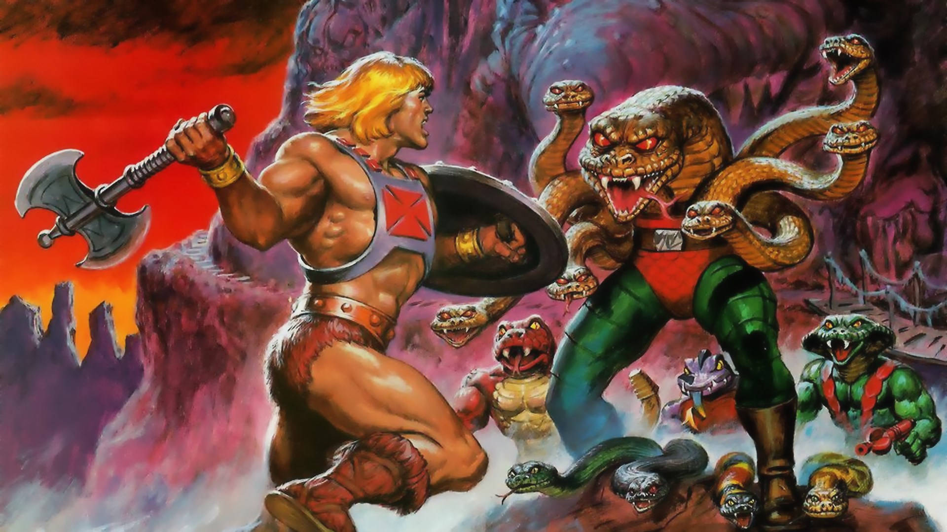 He-Man 與蛇怪和爬蟲軍團在熾熱的奇幻戰鬥中交戰。