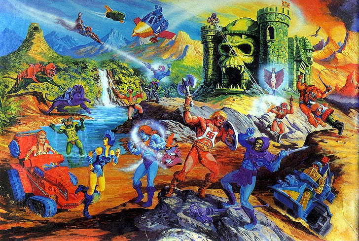 He-Man 與盟友在色彩繽紛的奇幻景觀中與 Skeletor 及其勢力作戰。