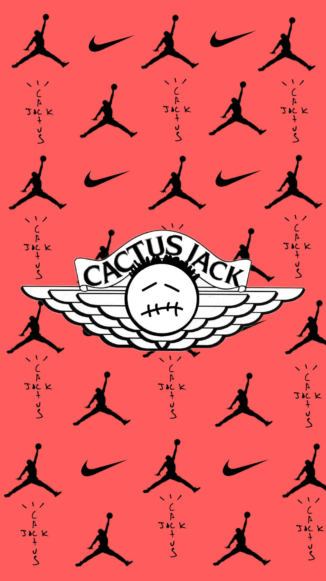 珊瑚色背景，重複的黑色Jumpman和Nike標誌圍繞著中央的Cactus Jack標誌。