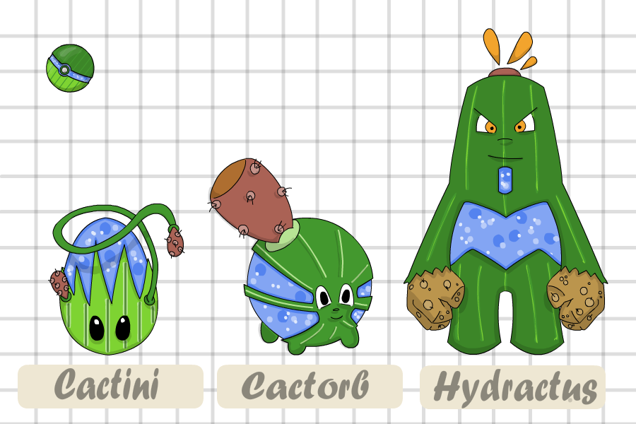 仙人掌角色陣容 壁紙 — 三個名為 Cactini、Cactorb 和 Hydractus 的卡通仙人掌寶可夢角色站在黑色背景前，下方標有他們的名字。