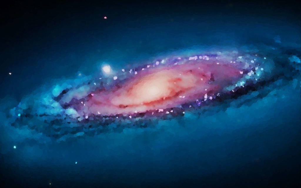 一個色彩繽紛的螺旋星系，在黑暗的星空中散發著粉紅色和藍色的光芒。