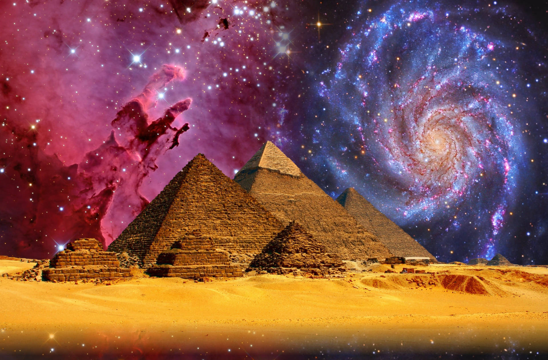 金字塔在色彩繽紛的宇宙天空下，有旋轉的星系和發光的星雲。