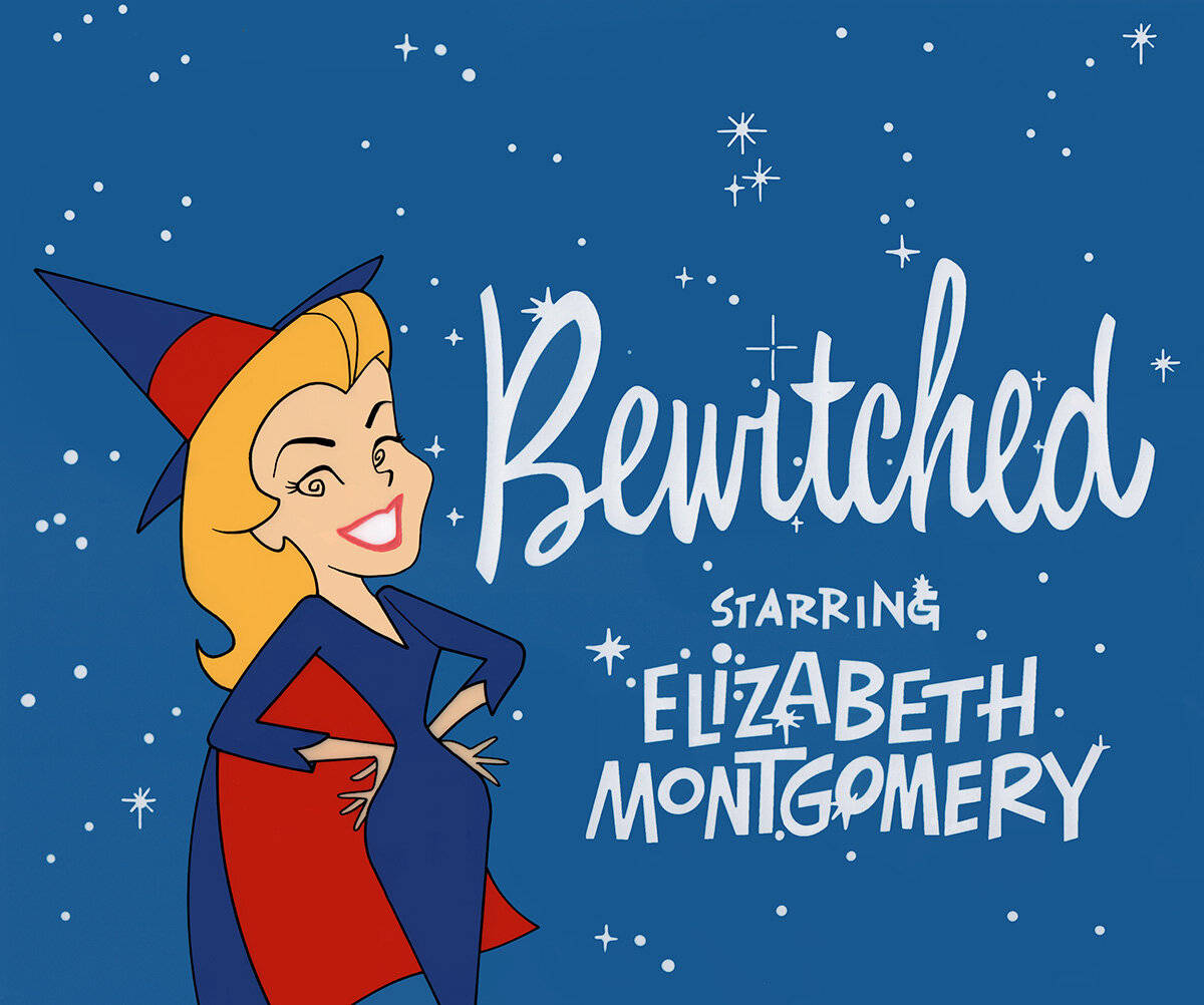 穿著紅藍服裝的卡通女巫微笑，帶有Bewitched標題和Elizabeth Montgomery名字。