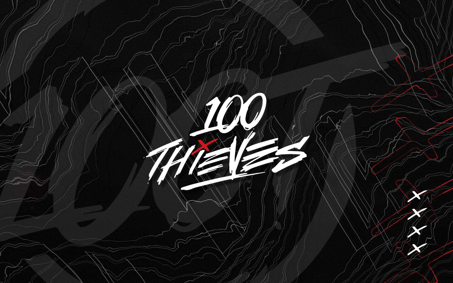 遊戲標誌 100 THIEVES 以白色塗鴉字體呈現，背景為黑色抽象設計，點綴紅色元素。