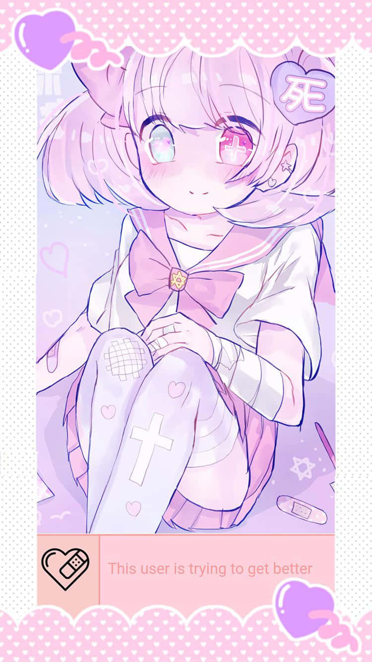 代表Yami Kawaii審美 壁紙 — 一個可愛的動漫女孩，粉紅色頭髮和眼睛，穿著粉紅色水手服，盤腿而坐，周圍環繞著心形和繃帶。