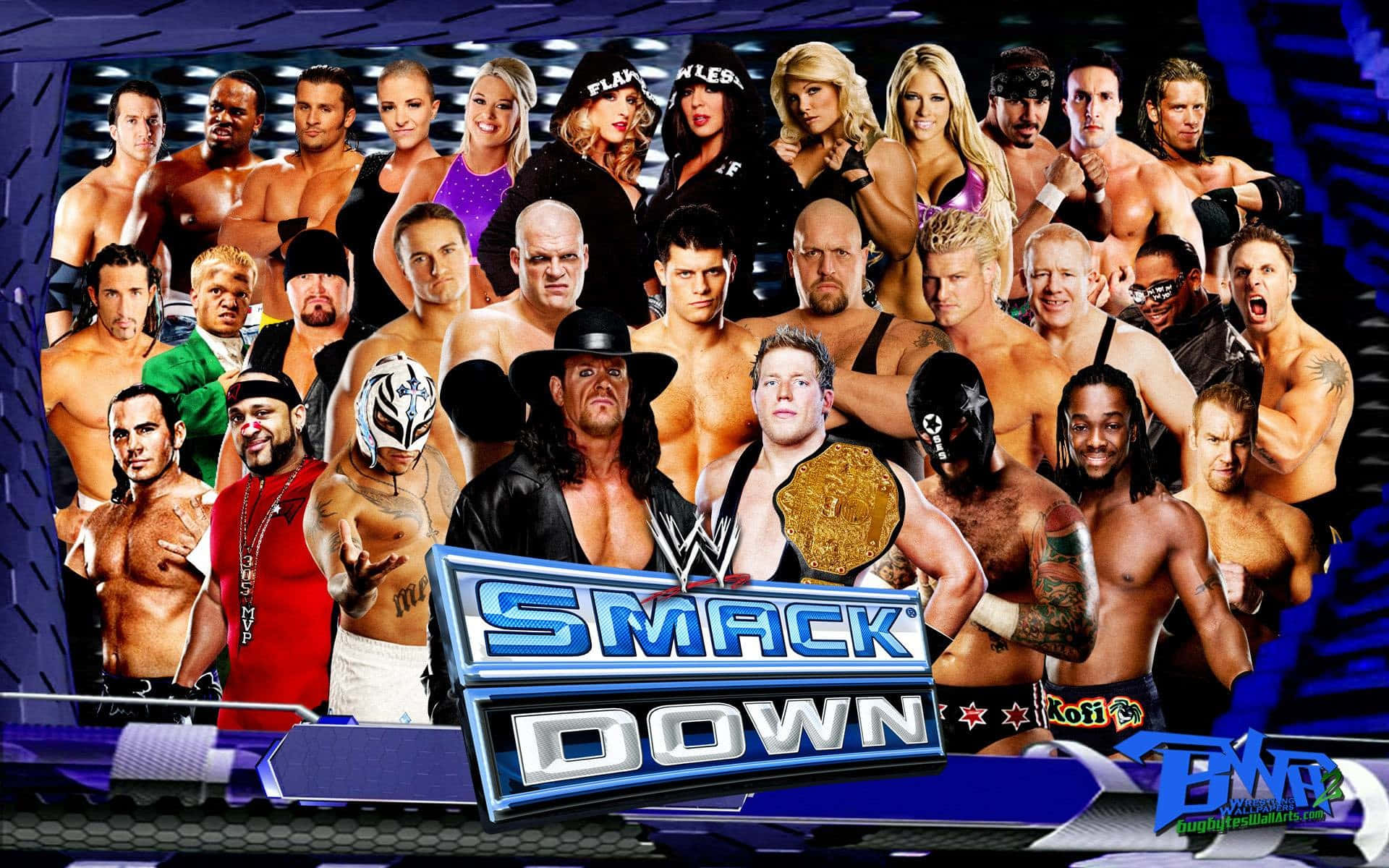 WWE SmackDown 摔角手為宣傳活動擺姿勢。
