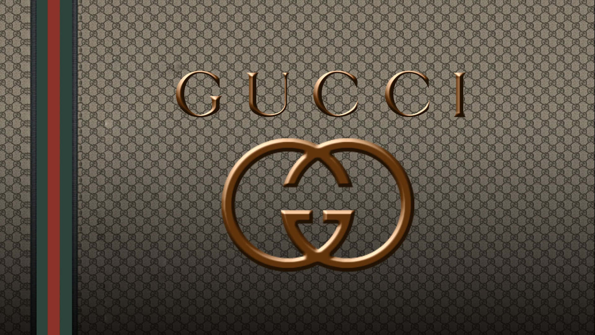 金色 Gucci 標誌在字母組合背景上，帶有彩色條紋。