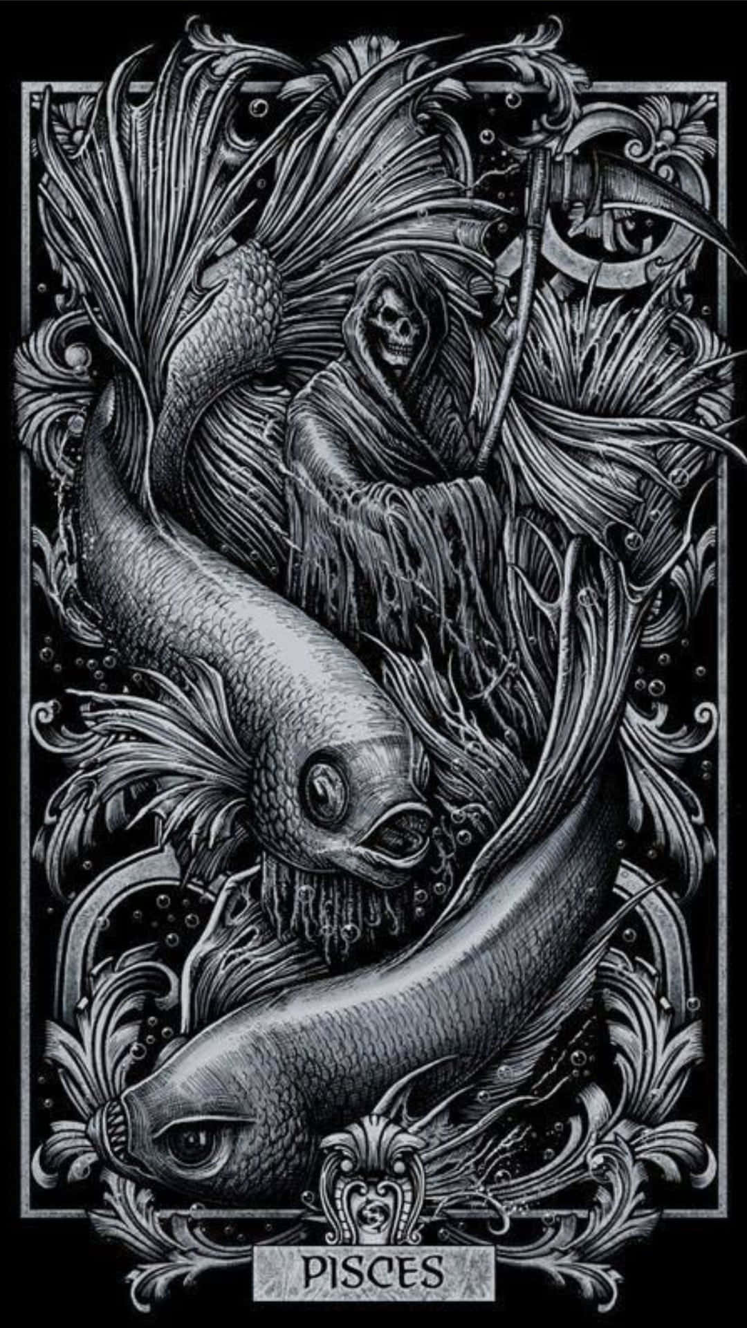 代表雙魚座的獨特圖像 壁紙 — 一幅詳細的黑白插圖，描繪一個骷髏死神手持鐮刀，周圍有華麗的漩渦和兩條魚形成雙魚座星座。