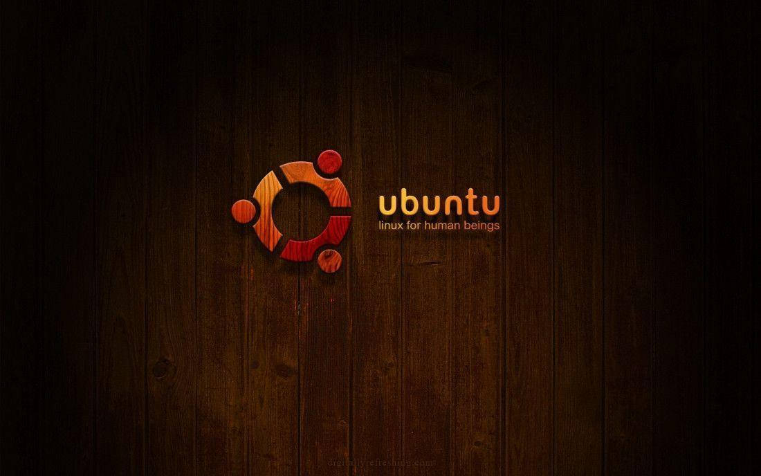 Ubuntu 標誌在深色木質背景上，附有標語 linux for human beings