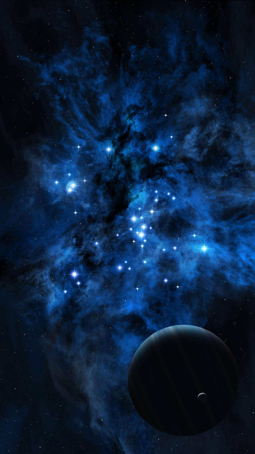 一個藍色星雲，有星星和一個黑暗的行星和一個月亮。