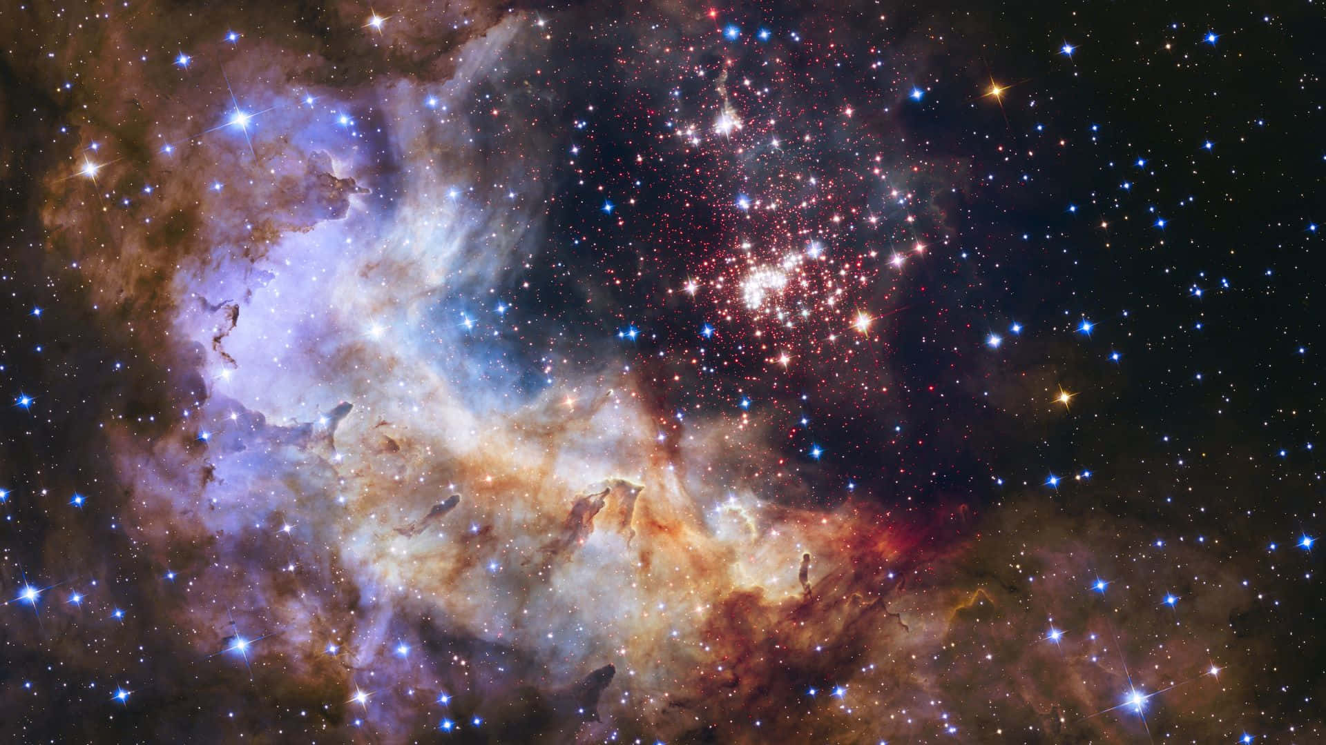 Deep Space 桌布 壁紙 — 令人嘆為觀止的宇宙場景，紫色、橙色和紅色的漩渦星雲在無數閃爍的星星中發光。
