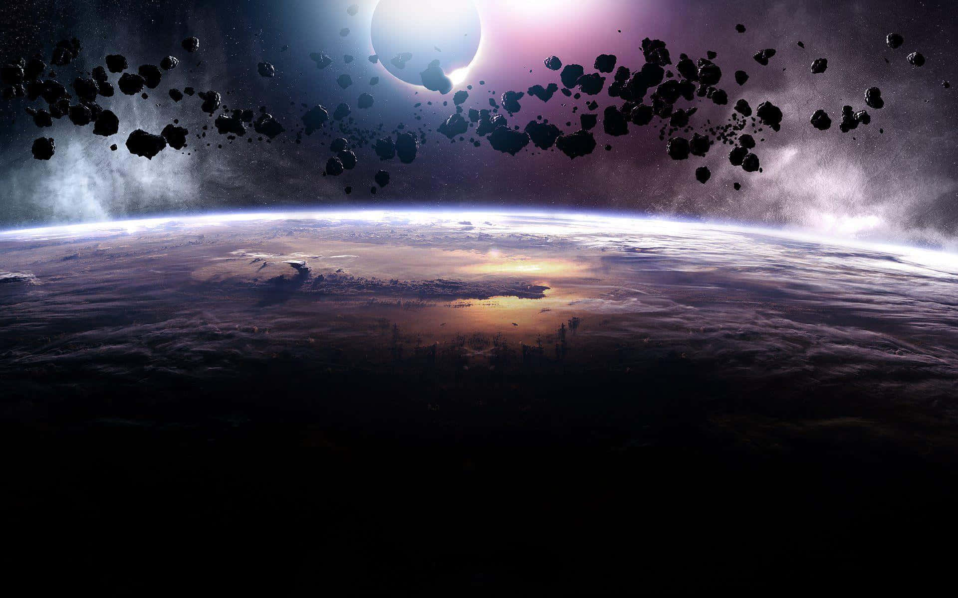 Asteroid 桌布 壁紙 — 令人嘆為觀止的景色：日落時分行星的彎曲地平線，伴隨著發光的環狀衛星和漂浮在宇宙天空中的小行星。