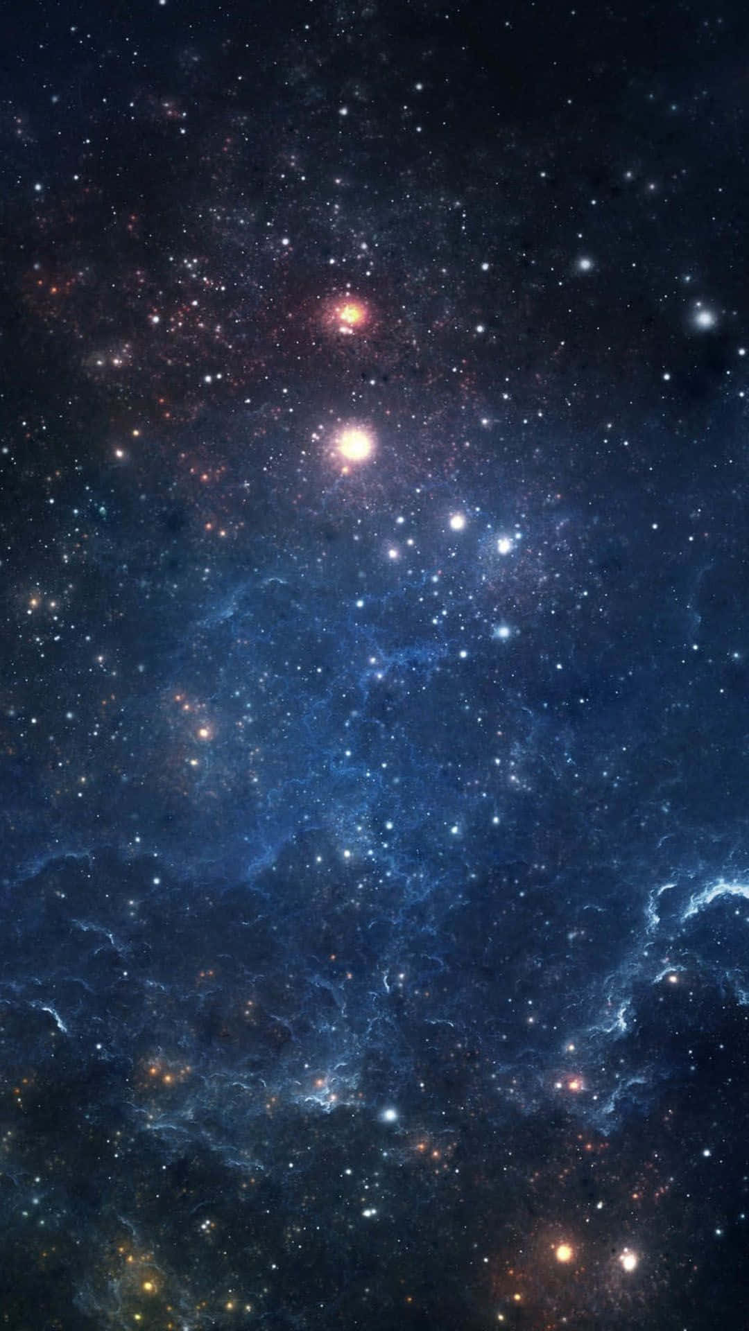 Smartphone 桌布 壁紙 — 令人嘆為觀止的深藍色宇宙星雲景觀，充滿了發光的恆星和旋轉的星際塵埃雲。