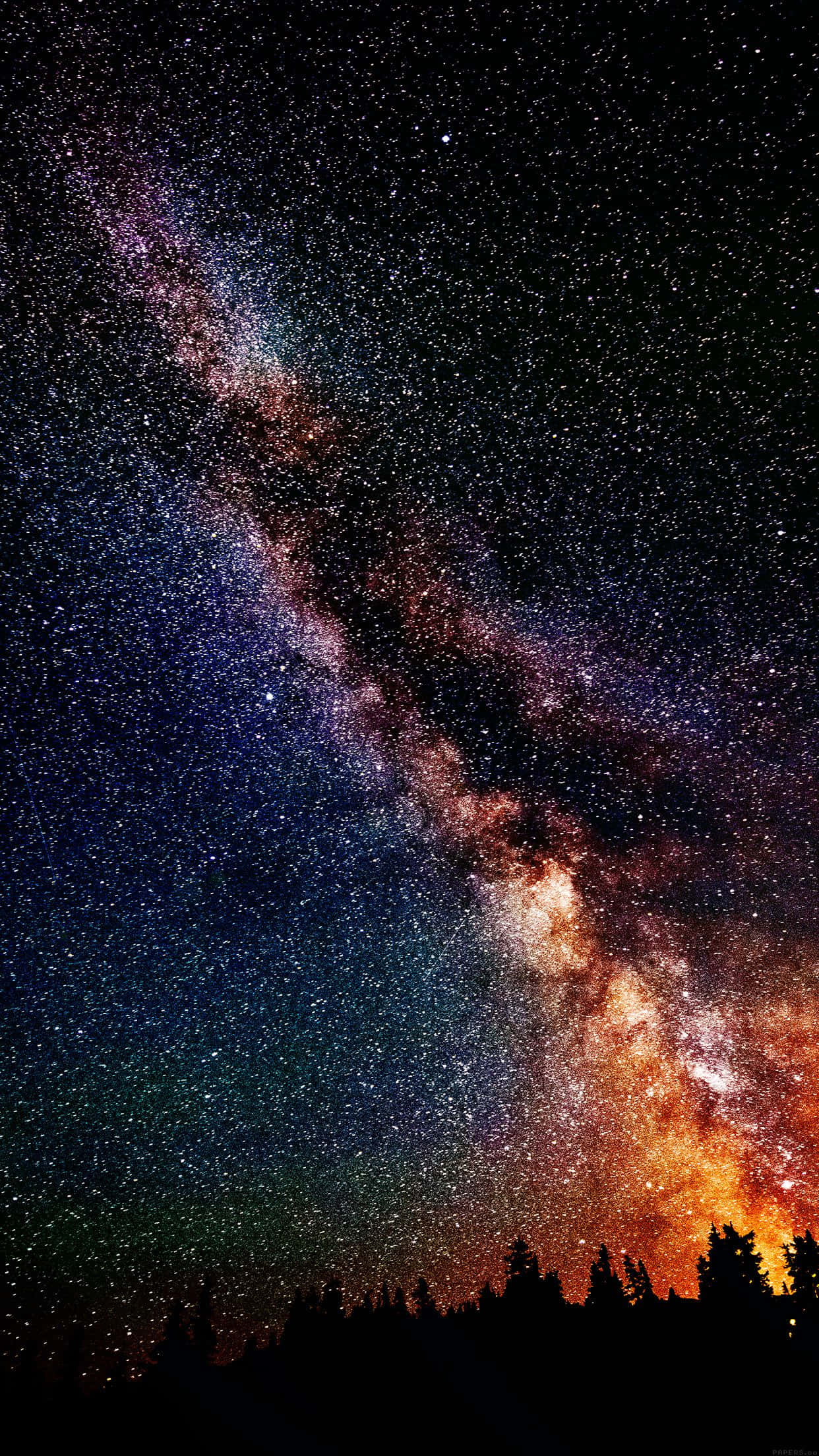 Galaxy Stars 桌布 壁紙 — 令人嘆為觀止的銀河系在星空夜空上拱起，越過黑暗森林輪廓的景象。