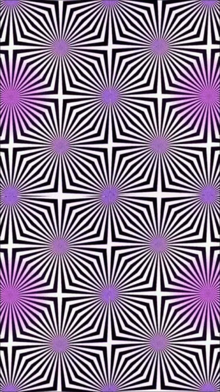 黑白幾何圖案，帶有紫色太陽爆發，創造出催眠的視錯覺。