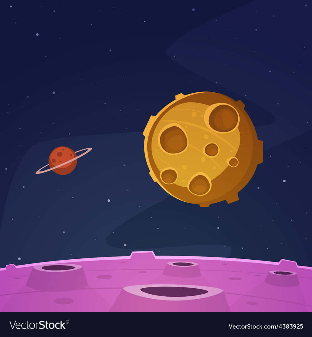 一個卡通月球和行星漂浮在星空下紫色外星景觀之上。