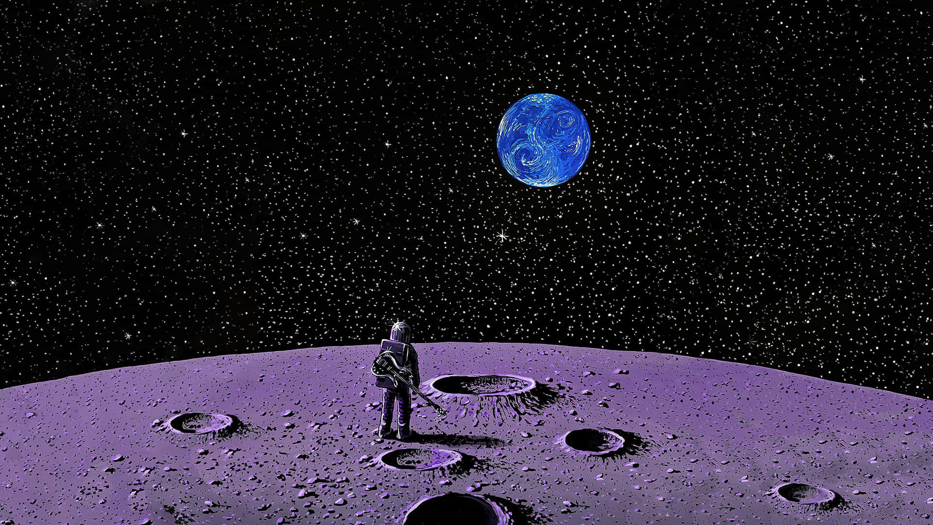 令人屏息的夜空，突顯滿月 壁紙 — 一名太空人站在紫色的隕石坑月球上，凝視著星空黑色背景中旋轉的藍色行星。