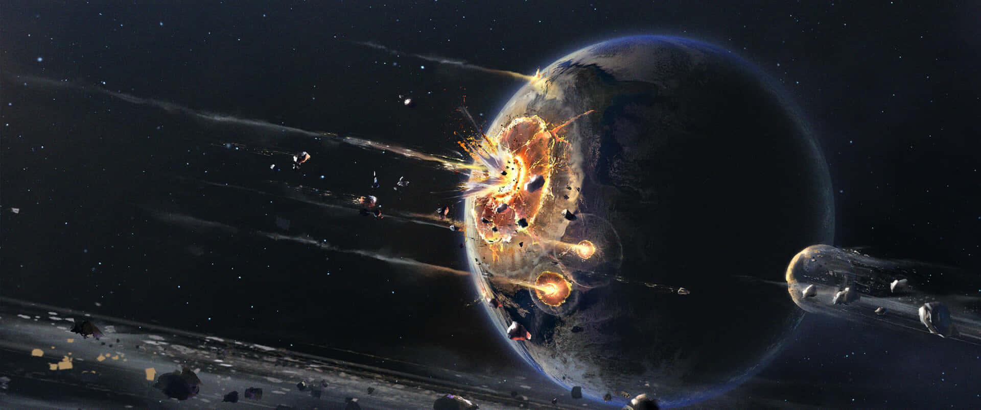 行星猛烈爆炸燃燒，小行星在深空中飛過。