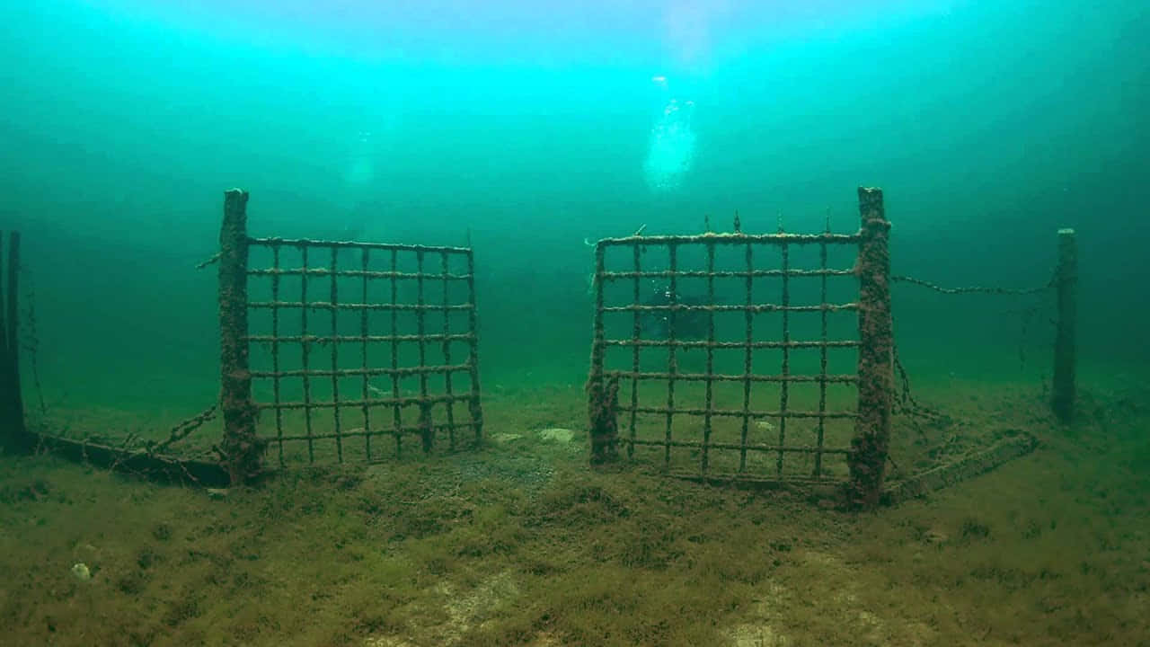 令人屏息的恐懼深海景象 壁紙 — 兩道生鏽的金屬閘門被遺棄在沙質海底，沐浴在碧綠的海水中，遠處隱約可見潛水員。