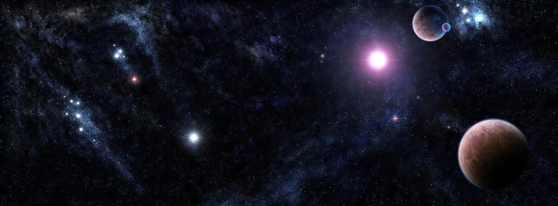一個深空場景，有發光的星星、行星和宇宙雲。
