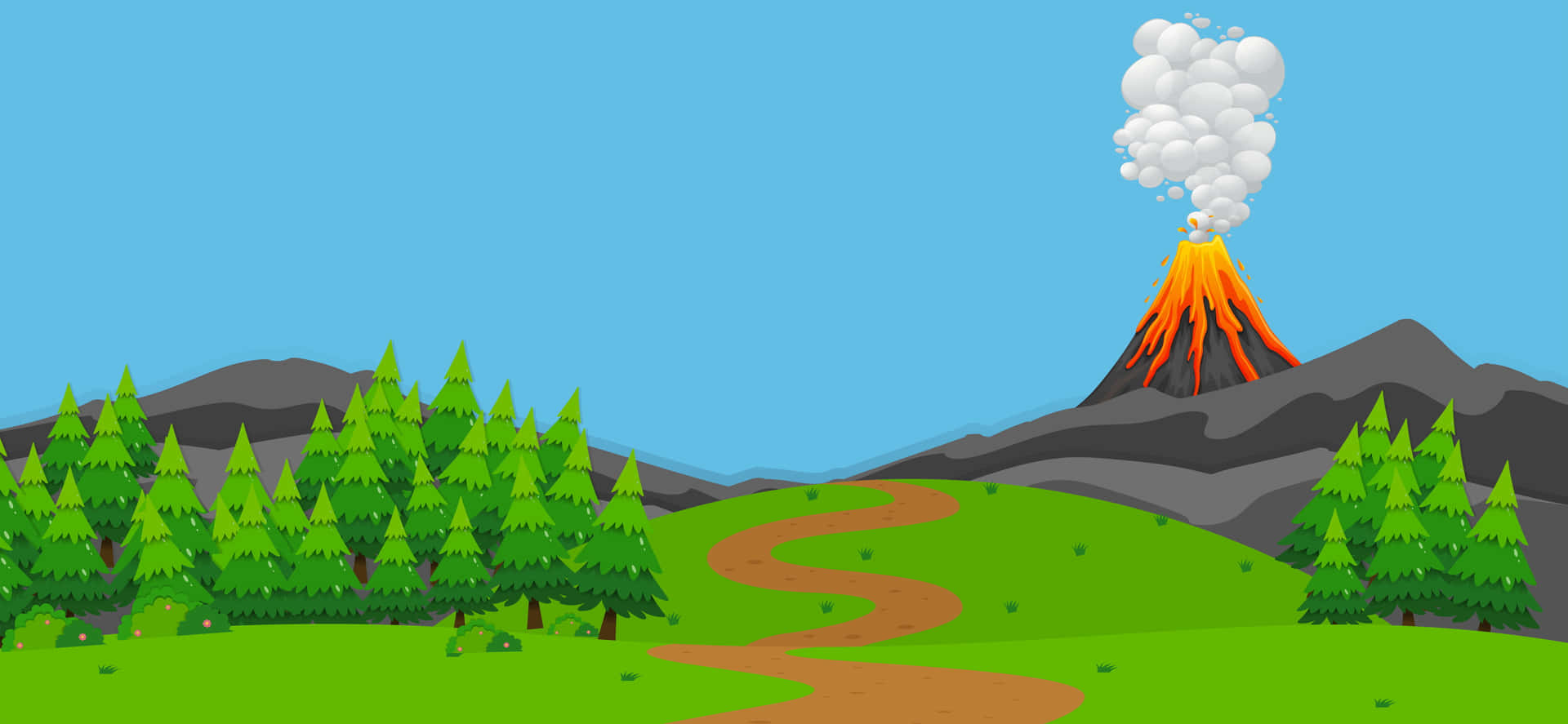 卡通火山在綠色森林景觀中噴發熔岩和煙霧。