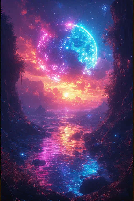 令人屏息的霓虹景觀，鮮豔色彩 4K 壁紙 — 超現實的峽谷河流反射出閃爍的半月和日落，在星空宇宙天空下。