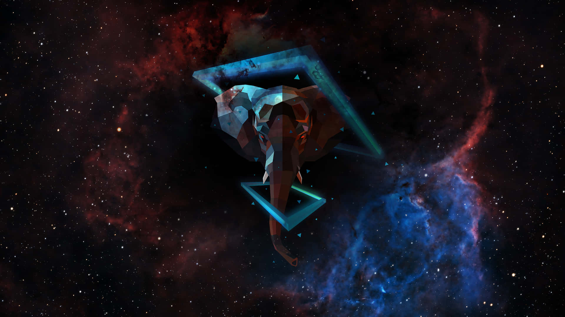 低多邊形大象頭漂浮在色彩繽紛的宇宙星雲中，伴有星星。