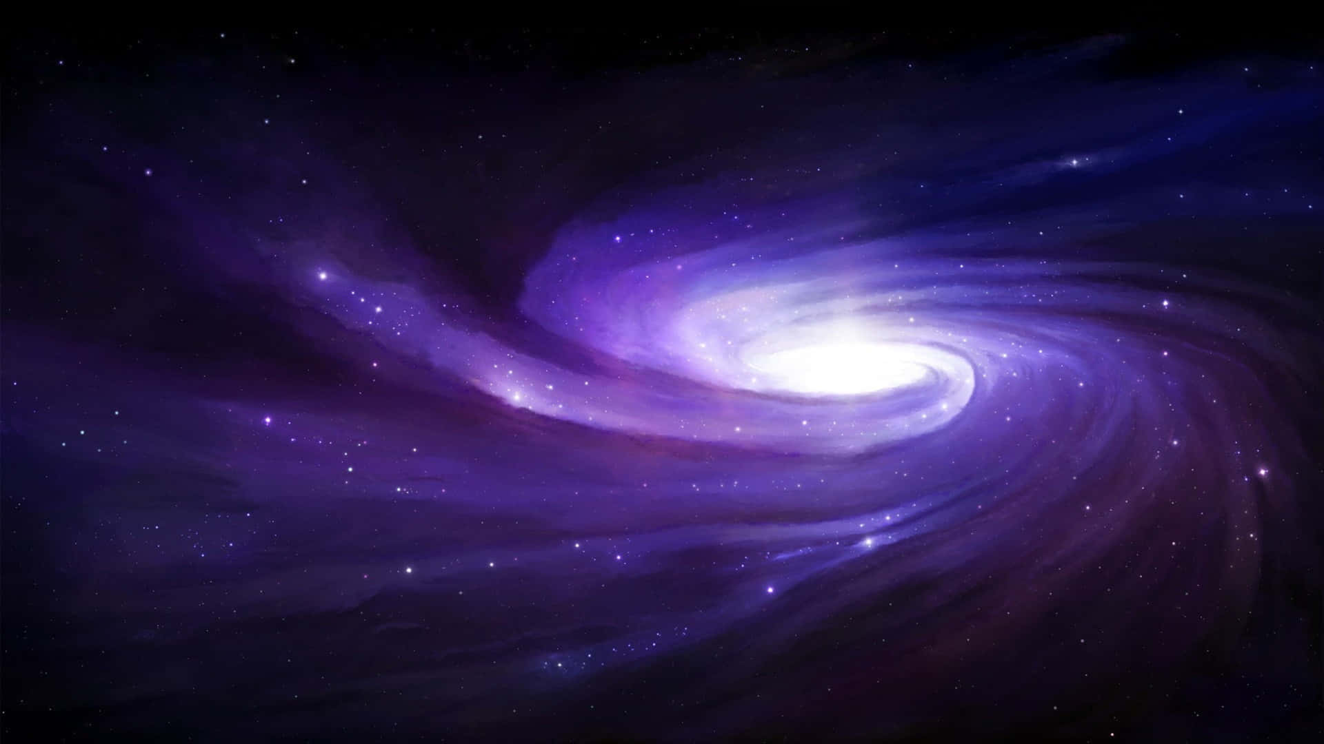 在黑暗的宇宙背景下，一個充滿恆星的發光紫色螺旋星系。