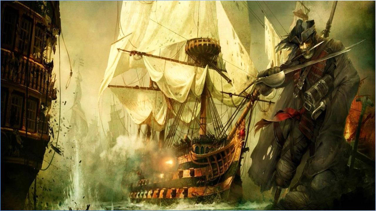 海戰期間，眼睛發光、手持劍的海盜戰士在戰艦上。
