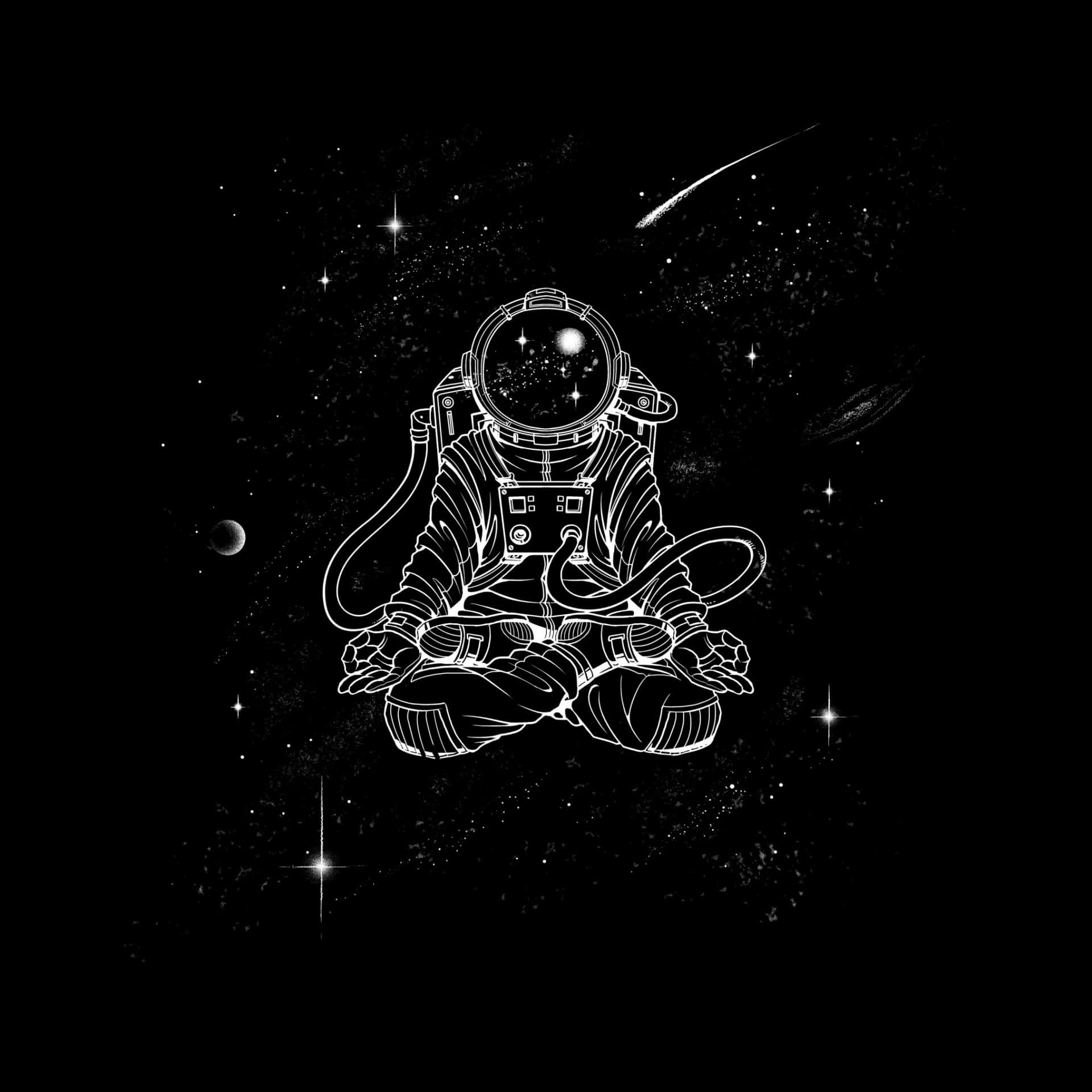 太空人喺太空打坐，有星星、彗星同行星