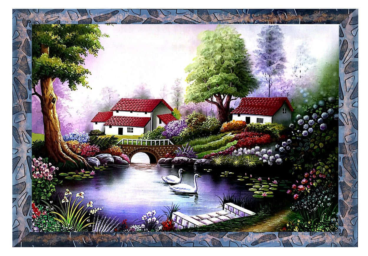 令人敬畏的藝術品 壁紙 — 一幅寧靜的畫作，描繪了兩間紅頂小屋坐落在池塘邊，池塘有天鵝、睡蓮和鮮豔的花朵，上方是柔和的紫色天空。