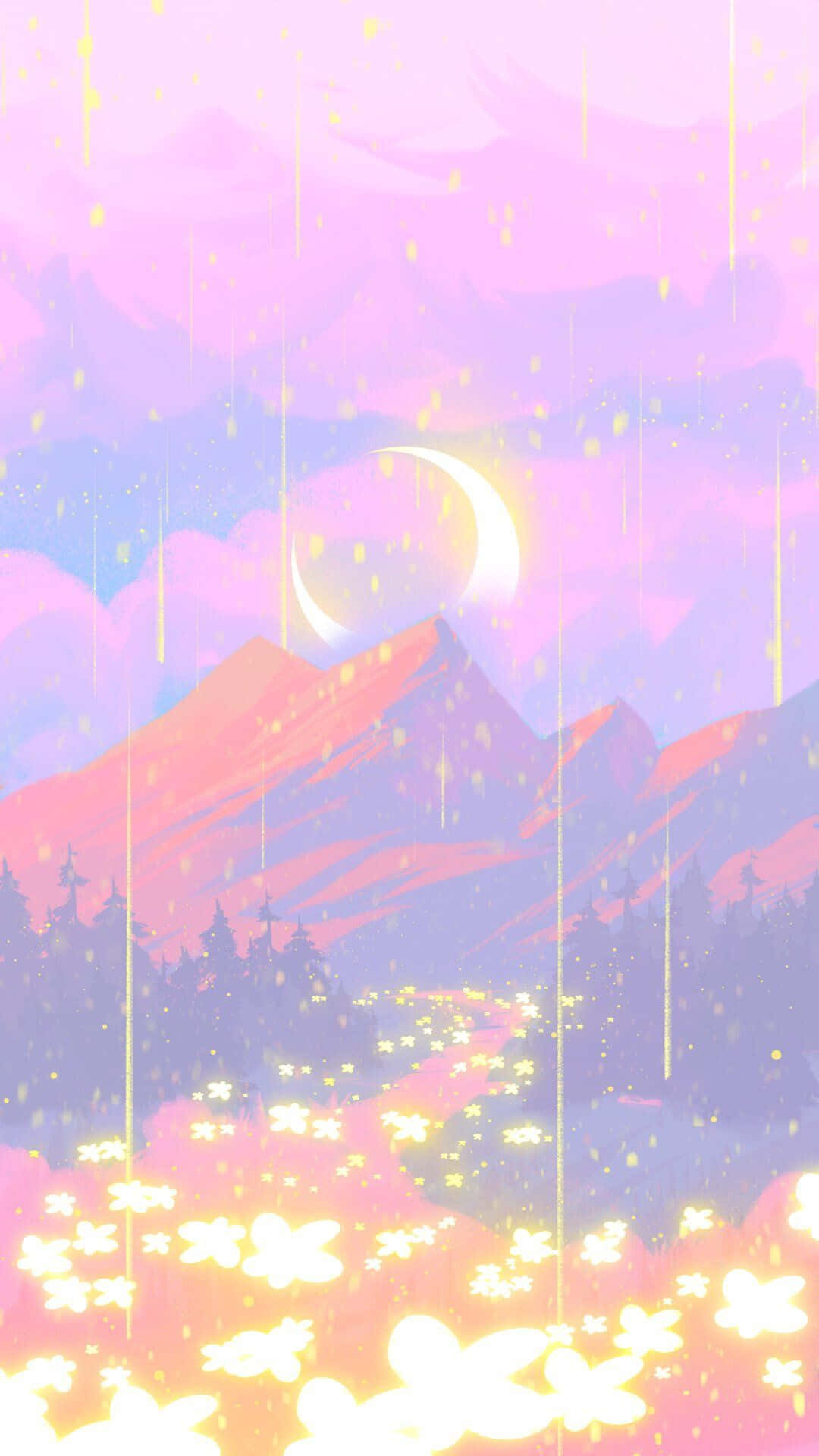 令人毛骨悚然卻美麗的神秘場景 壁紙 — 新月下夢幻的粉紅與紫色山景，帶有發光的黃色花朵和墜落的光線條紋。