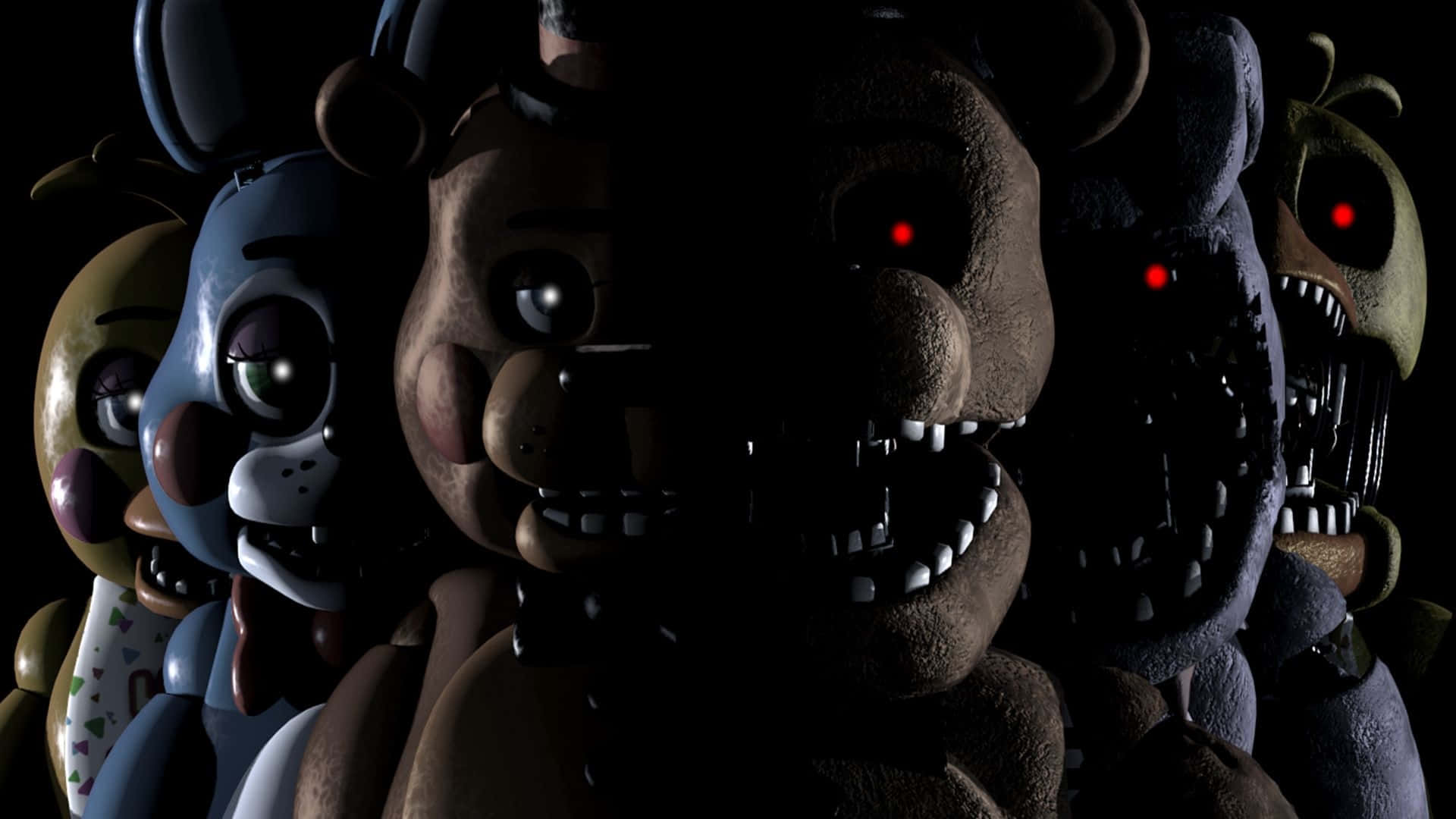 Fnaf Jumpscare 桌布 壁紙 — 令人毛骨悚然的電子動畫角色，閃爍著紅光的眼睛在黑暗環境中威脅地凝視。